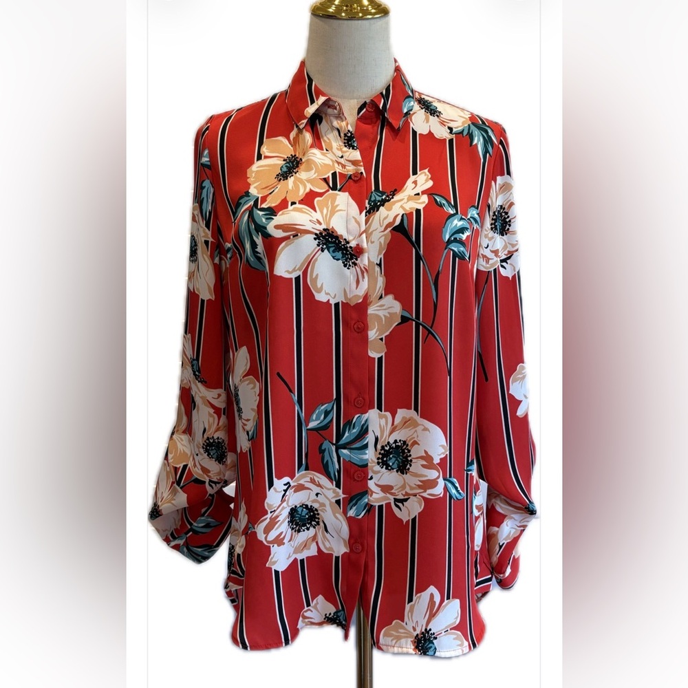 Express NWOT The City Shirt Red Floral Button Up Long Sleeves Blouse S/P